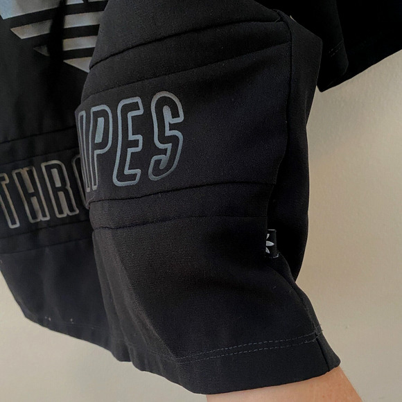 Adidas Black Trefoil Three Stripe Graphic Mock Neck Back Zip Short Sleeve Top S - Picture 5 of 12